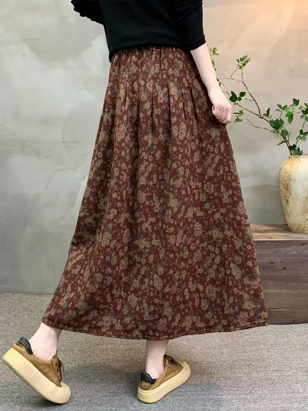 New 2026 Autumn Women Cotton Skirt, Elastic Waist Floral Print, Mori Girl Korean Temperament Casual Loose A-line Skirt B68826CC
