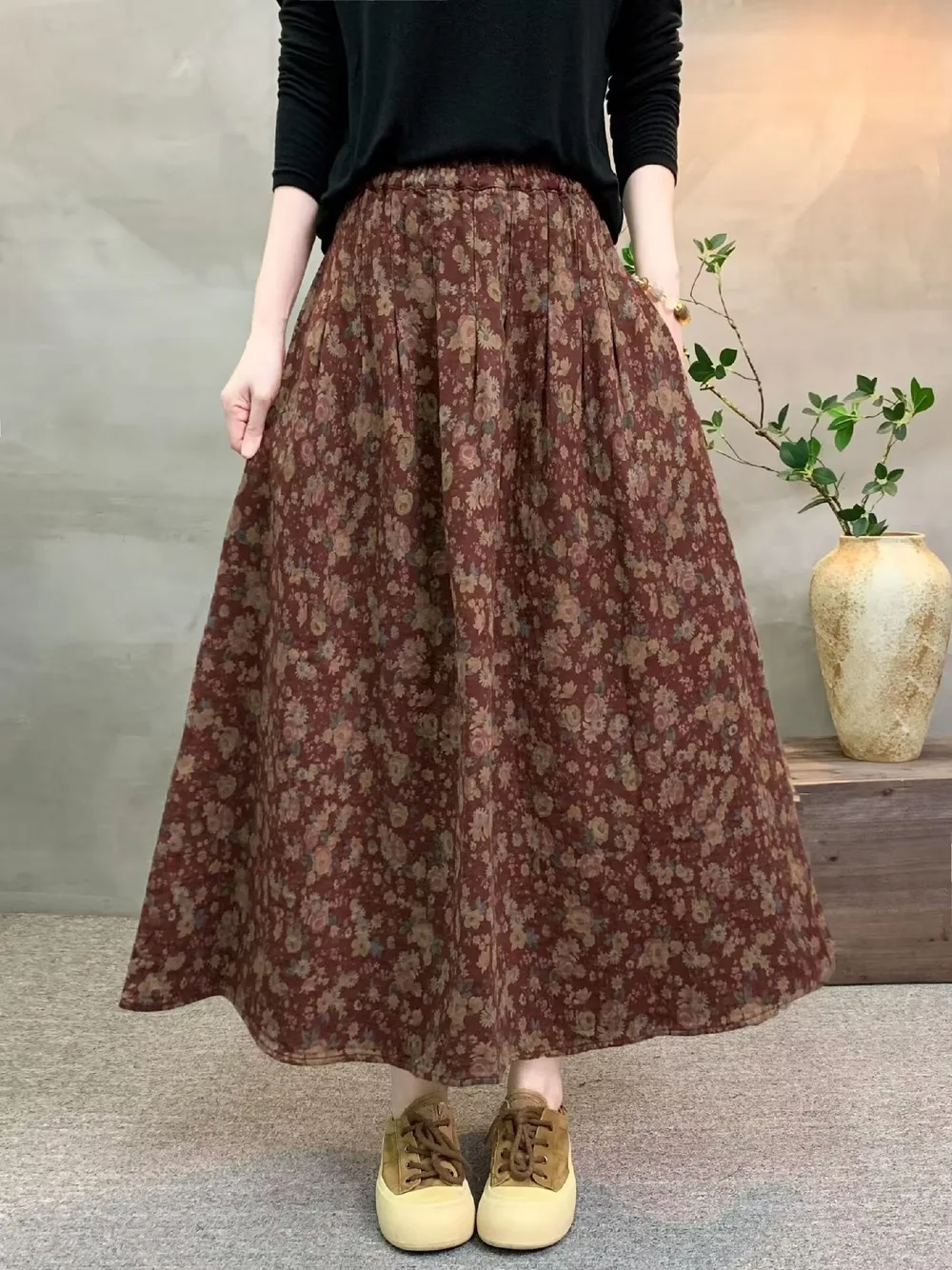 New 2026 Autumn Women Cotton Skirt, Elastic Waist Floral Print, Mori Girl Korean Temperament Casual Loose A-line Skirt B68826CC