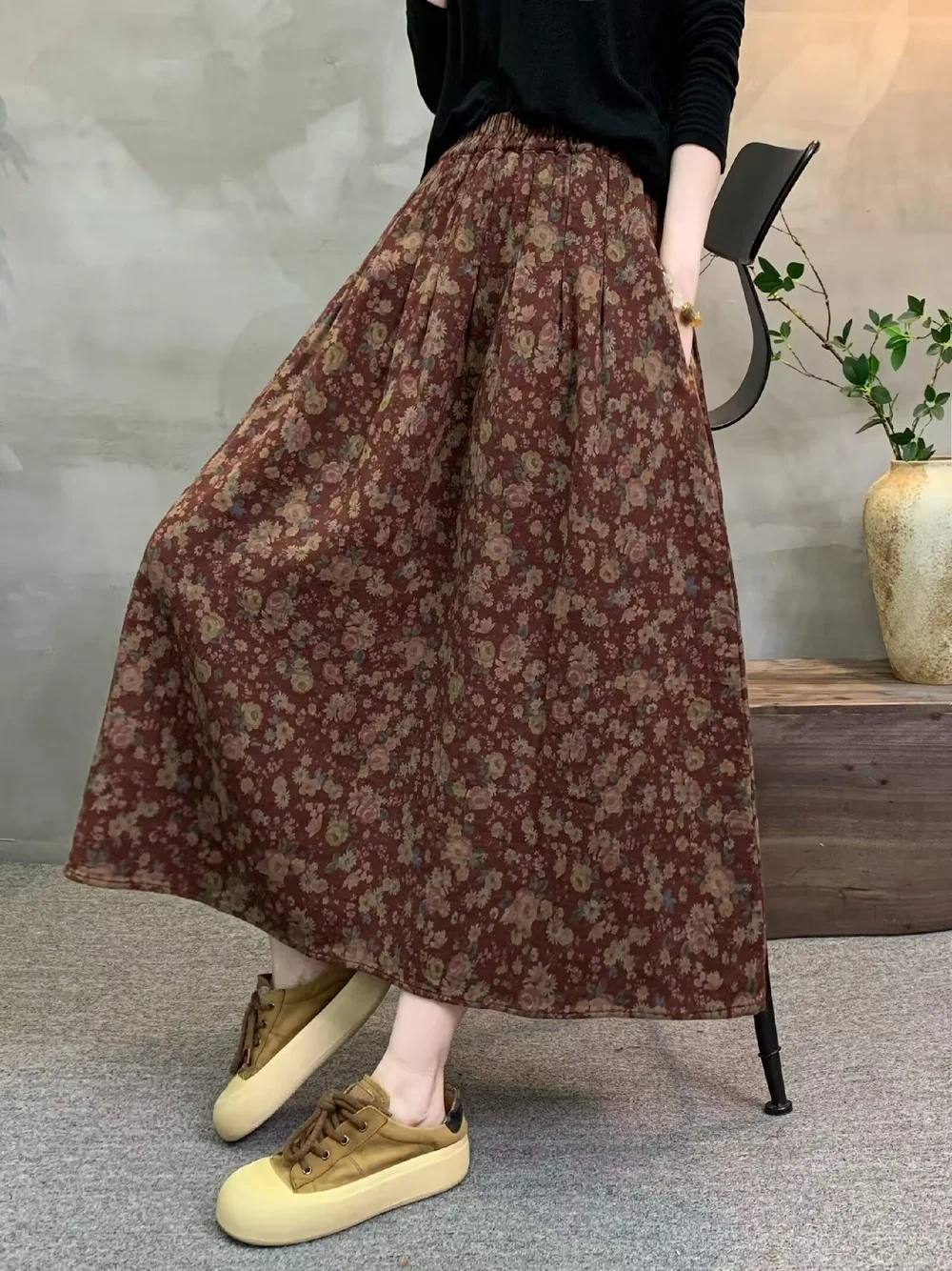 New 2026 Autumn Women Cotton Skirt, Elastic Waist Floral Print, Mori Girl Korean Temperament Casual Loose A-line Skirt B68826CC