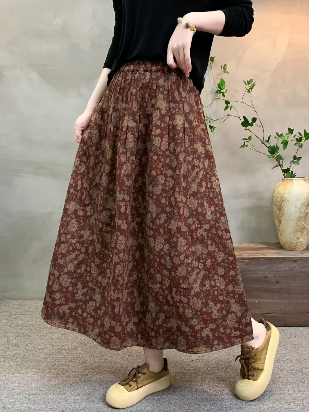 New 2026 Autumn Women Cotton Skirt, Elastic Waist Floral Print, Mori Girl Korean Temperament Casual Loose A-line Skirt B68826CC