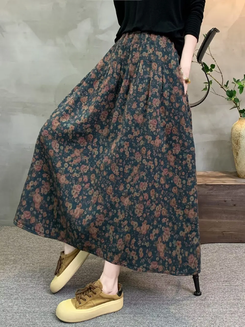 New 2026 Autumn Women Cotton Skirt, Elastic Waist Floral Print, Mori Girl Korean Temperament Casual Loose A-line Skirt B68826CC