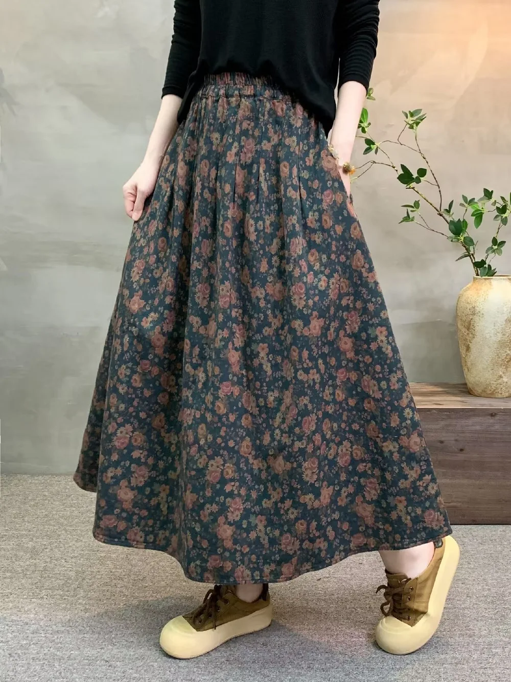 New 2026 Autumn Women Cotton Skirt, Elastic Waist Floral Print, Mori Girl Korean Temperament Casual Loose A-line Skirt B68826CC
