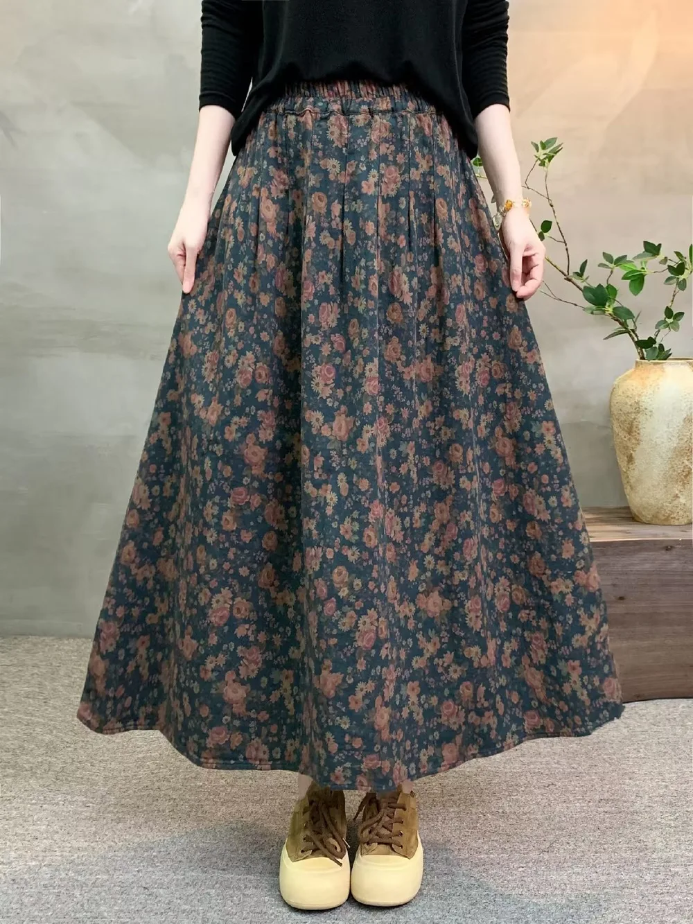 New 2026 Autumn Women Cotton Skirt, Elastic Waist Floral Print, Mori Girl Korean Temperament Casual Loose A-line Skirt B68826CC