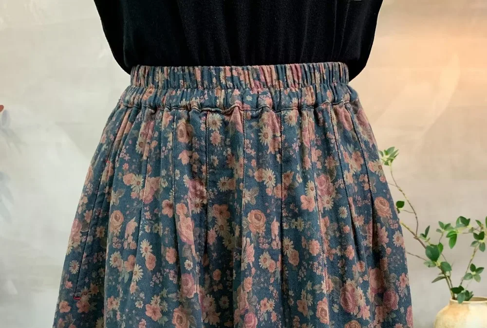 New 2026 Autumn Women Cotton Skirt, Elastic Waist Floral Print, Mori Girl Korean Temperament Casual Loose A-line Skirt B68826CC