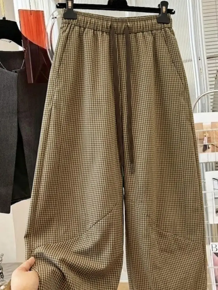 SuperAen Vintage Plaid Comfortable Loose Casual Wide-leg Pants for Women Spring and Autumn Korean Style Simple Full Length Pants