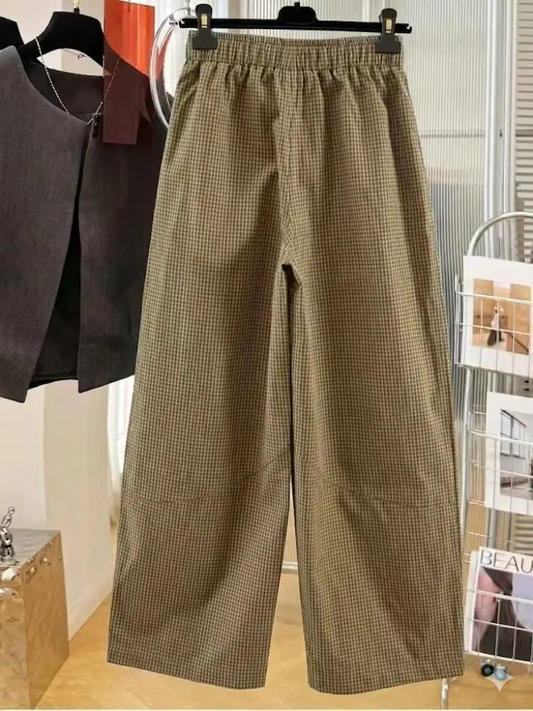 SuperAen Vintage Plaid Comfortable Loose Casual Wide-leg Pants for Women Spring and Autumn Korean Style Simple Full Length Pants