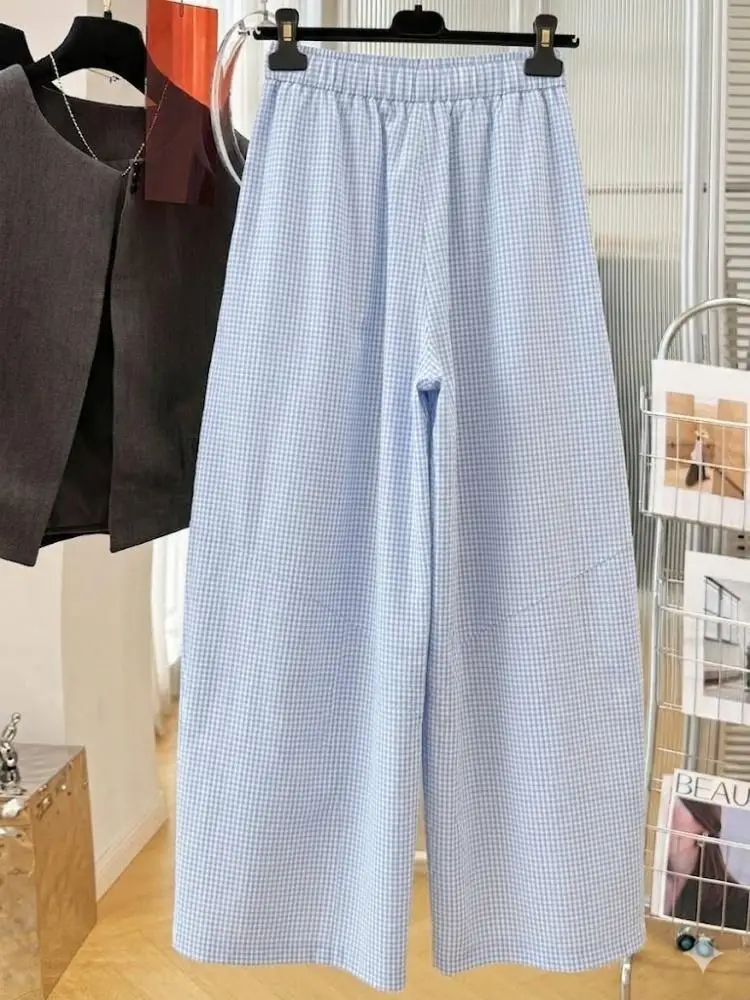 SuperAen Vintage Plaid Comfortable Loose Casual Wide-leg Pants for Women Spring and Autumn Korean Style Simple Full Length Pants