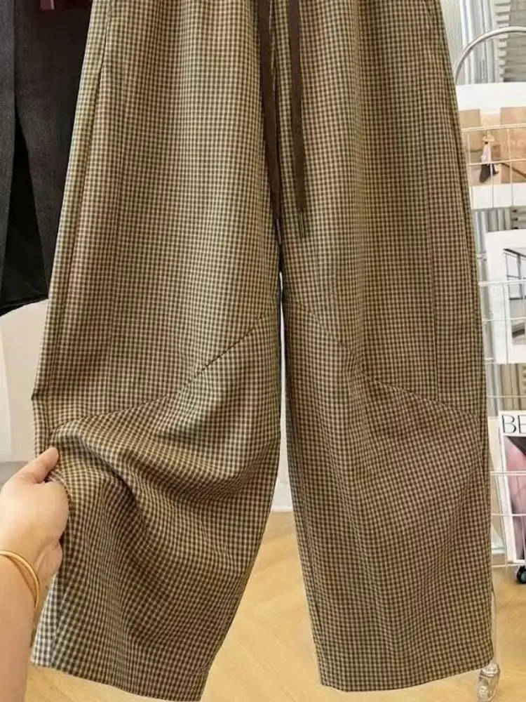 SuperAen Vintage Plaid Comfortable Loose Casual Wide-leg Pants for Women Spring and Autumn Korean Style Simple Full Length Pants