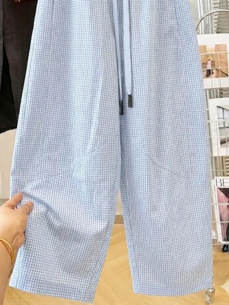 SuperAen Vintage Plaid Comfortable Loose Casual Wide-leg Pants for Women Spring and Autumn Korean Style Simple Full Length Pants