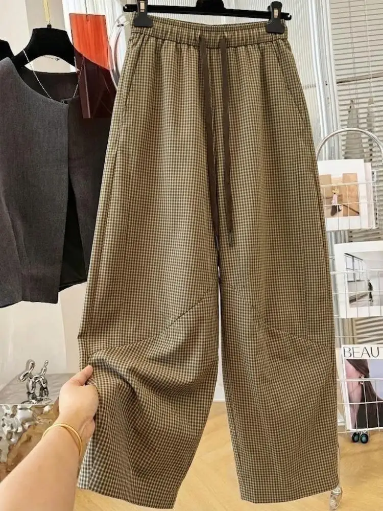 SuperAen Vintage Plaid Comfortable Loose Casual Wide-leg Pants for Women Spring and Autumn Korean Style Simple Full Length Pants