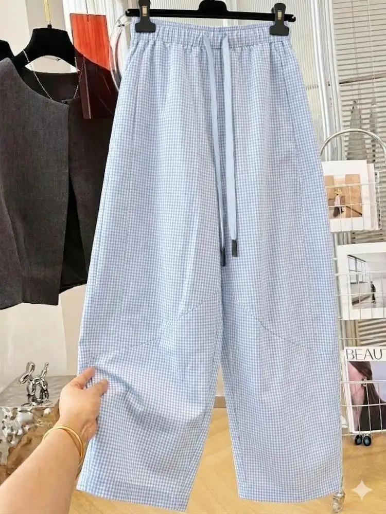 SuperAen Vintage Plaid Comfortable Loose Casual Wide-leg Pants for Women Spring and Autumn Korean Style Simple Full Length Pants