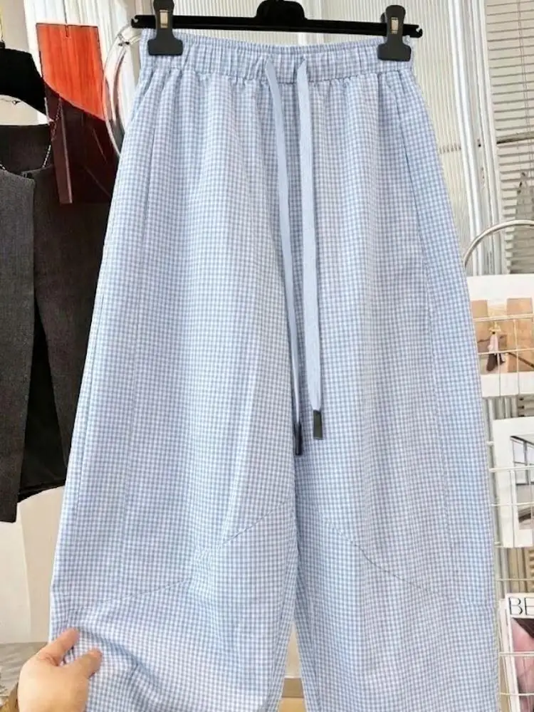 SuperAen Vintage Plaid Comfortable Loose Casual Wide-leg Pants for Women Spring and Autumn Korean Style Simple Full Length Pants