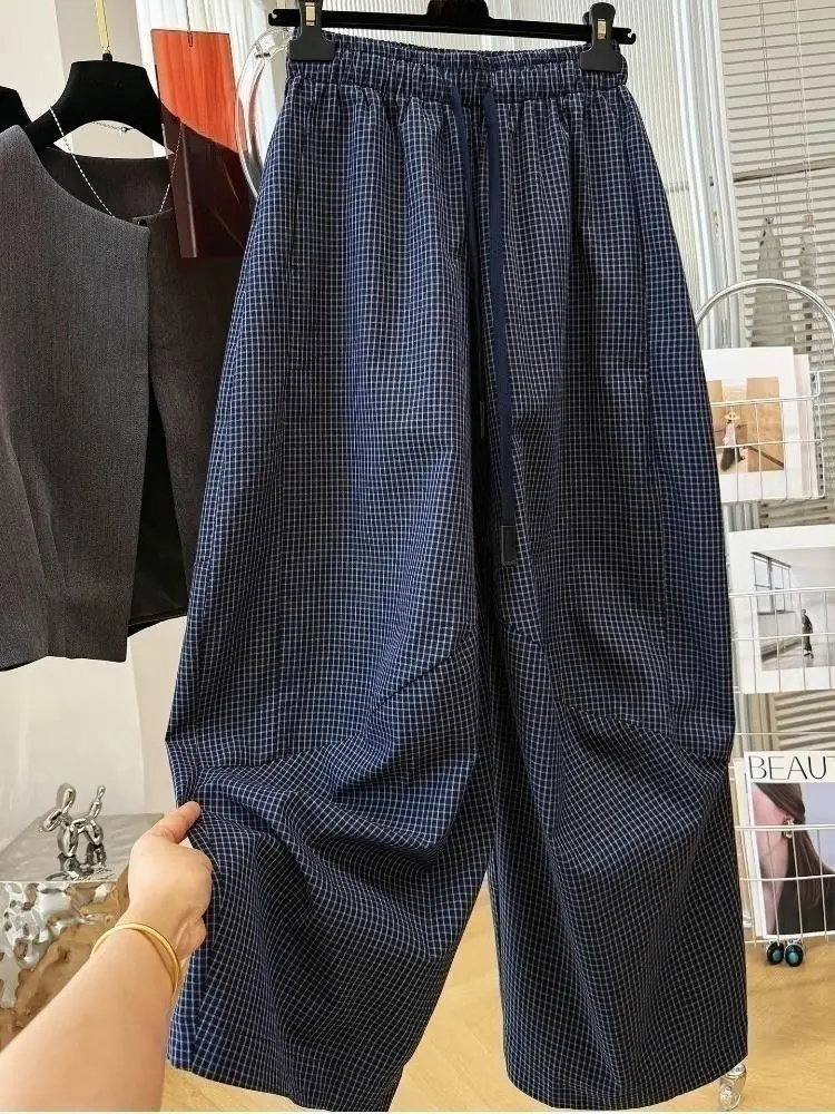 SuperAen Vintage Plaid Comfortable Loose Casual Wide-leg Pants for Women Spring and Autumn Korean Style Simple Full Length Pants