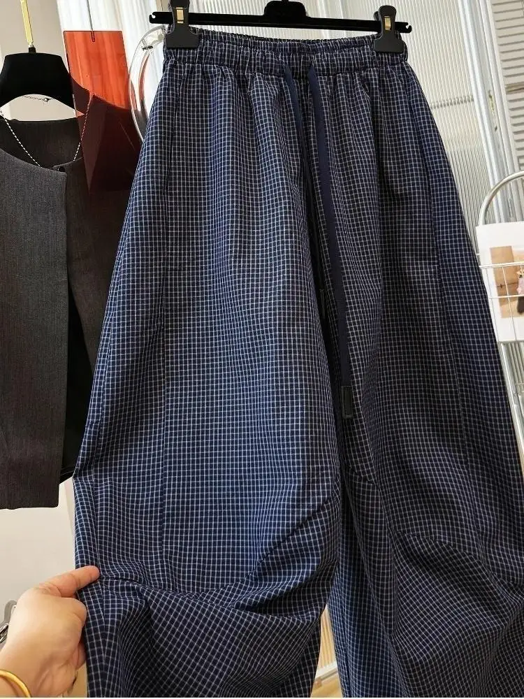 SuperAen Vintage Plaid Comfortable Loose Casual Wide-leg Pants for Women Spring and Autumn Korean Style Simple Full Length Pants