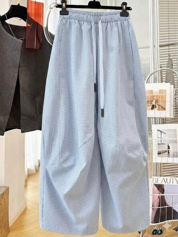 SuperAen Vintage Plaid Comfortable Loose Casual Wide-leg Pants for Women Spring and Autumn Korean Style Simple Full Length Pants