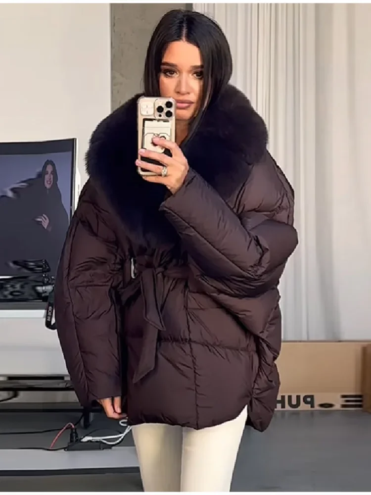 Thichen Winter Padded Coat Women Faux Fur Collar Belted Waist Tie Loose Oversized Quilted Jacket Warm Outerwear Daily Streetwear