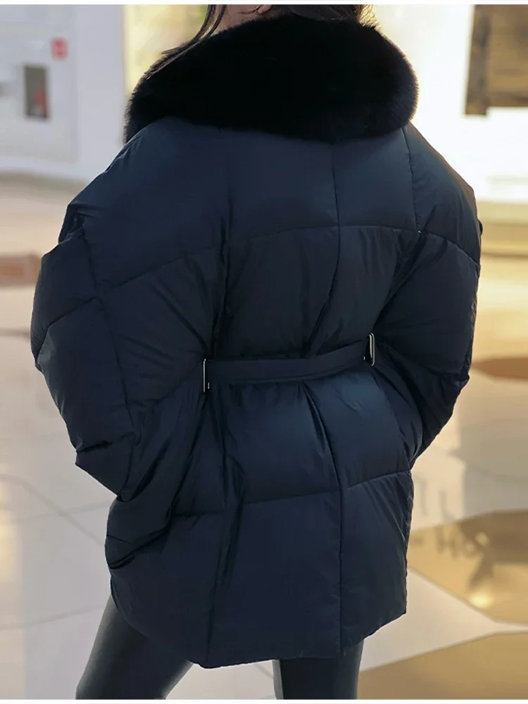 Thichen Winter Padded Coat Women Faux Fur Collar Belted Waist Tie Loose Oversized Quilted Jacket Warm Outerwear Daily Streetwear