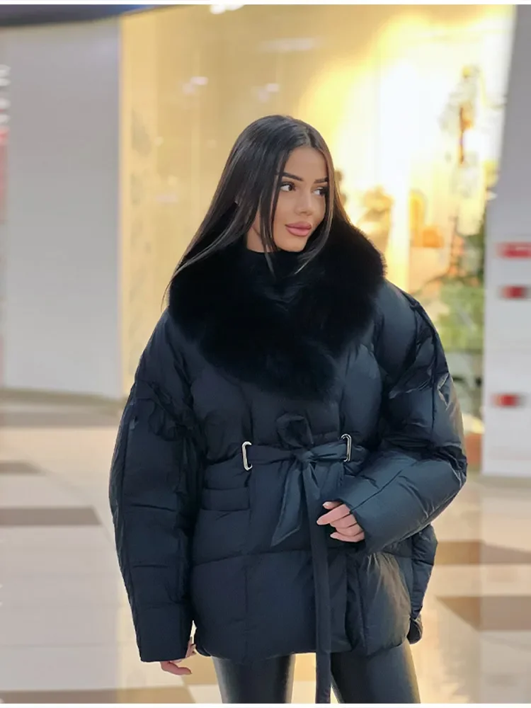 Thichen Winter Padded Coat Women Faux Fur Collar Belted Waist Tie Loose Oversized Quilted Jacket Warm Outerwear Daily Streetwear