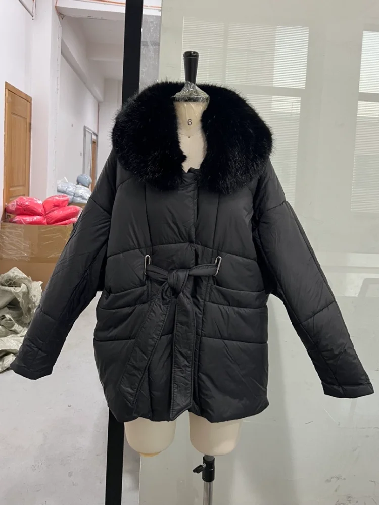 Thichen Winter Padded Coat Women Faux Fur Collar Belted Waist Tie Loose Oversized Quilted Jacket Warm Outerwear Daily Streetwear
