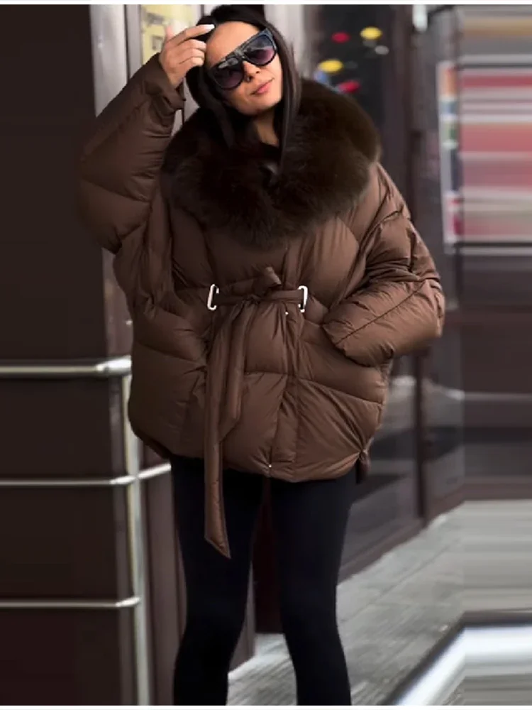 Thichen Winter Padded Coat Women Faux Fur Collar Belted Waist Tie Loose Oversized Quilted Jacket Warm Outerwear Daily Streetwear