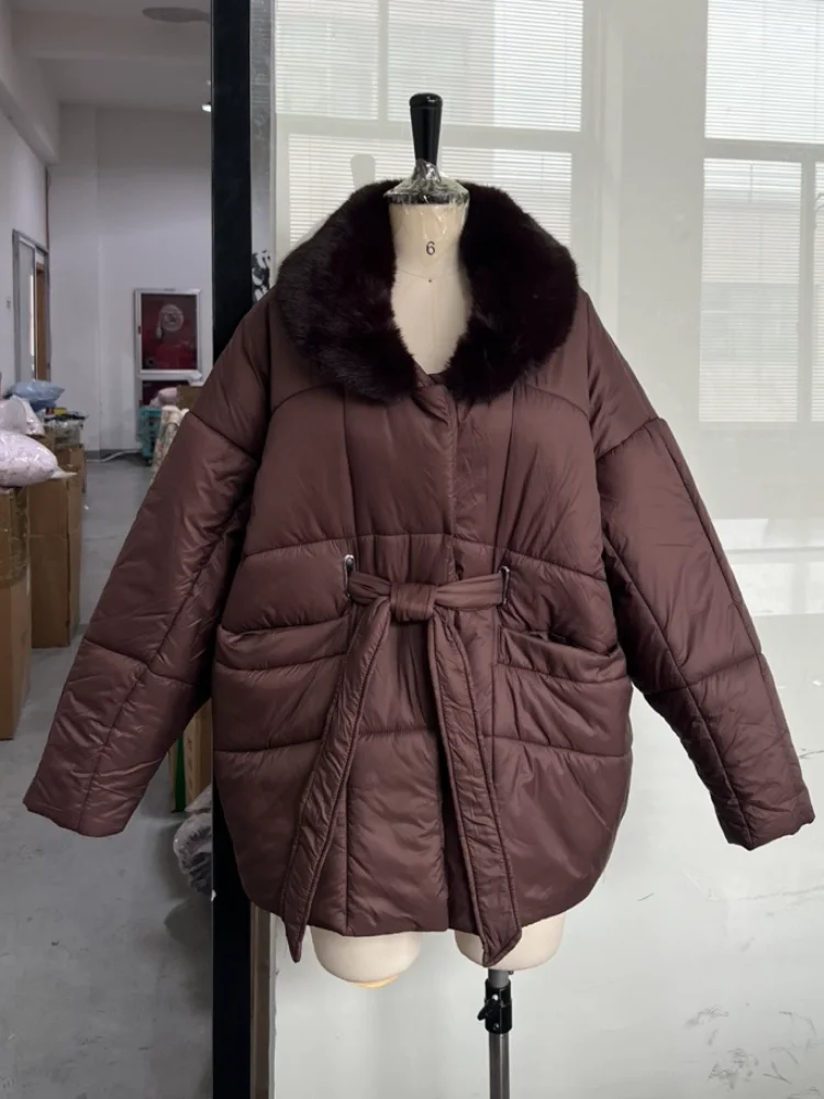 Thichen Winter Padded Coat Women Faux Fur Collar Belted Waist Tie Loose Oversized Quilted Jacket Warm Outerwear Daily Streetwear