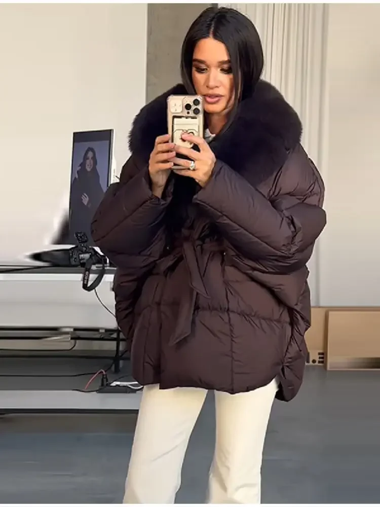 Thichen Winter Padded Coat Women Faux Fur Collar Belted Waist Tie Loose Oversized Quilted Jacket Warm Outerwear Daily Streetwear