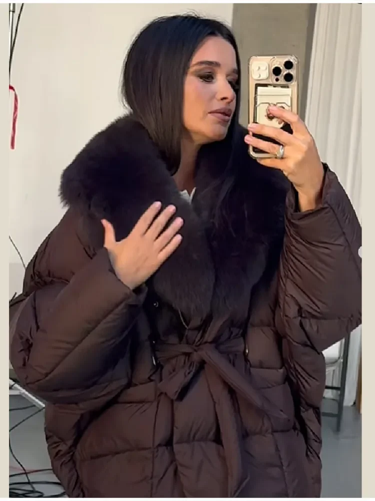 Thichen Winter Padded Coat Women Faux Fur Collar Belted Waist Tie Loose Oversized Quilted Jacket Warm Outerwear Daily Streetwear