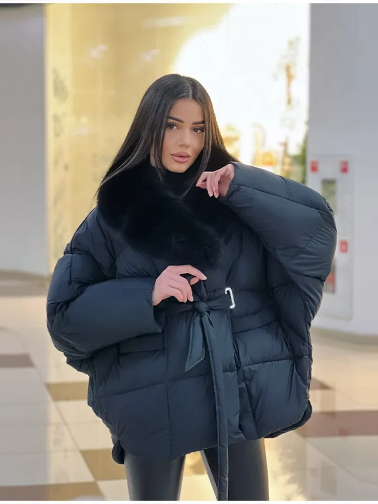 Thichen Winter Padded Coat Women Faux Fur Collar Belted Waist Tie Loose Oversized Quilted Jacket Warm Outerwear Daily Streetwear