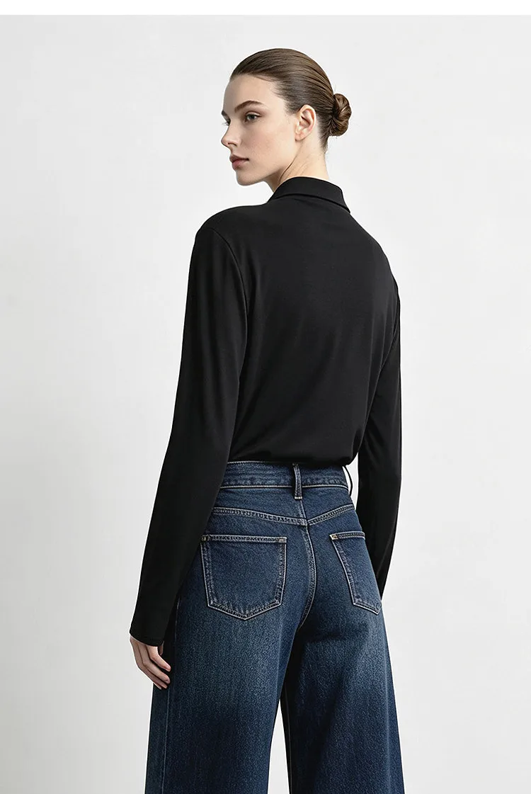 Amii Women's Faux Layered Long Sleeve T-Shirt Stretch Lapel Collar Slim Fit Casual Business Top for Women Autumn 12613016