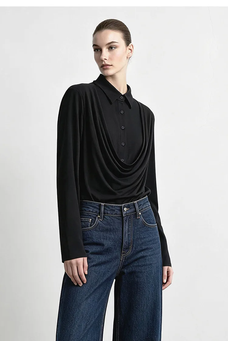 Amii Women's Faux Layered Long Sleeve T-Shirt Stretch Lapel Collar Slim Fit Casual Business Top for Women Autumn 12613016