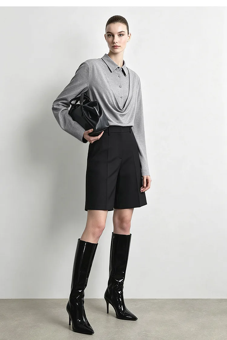 Amii Women's Faux Layered Long Sleeve T-Shirt Stretch Lapel Collar Slim Fit Casual Business Top for Women Autumn 12613016