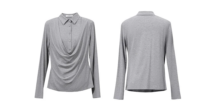 Amii Women's Faux Layered Long Sleeve T-Shirt Stretch Lapel Collar Slim Fit Casual Business Top for Women Autumn 12613016
