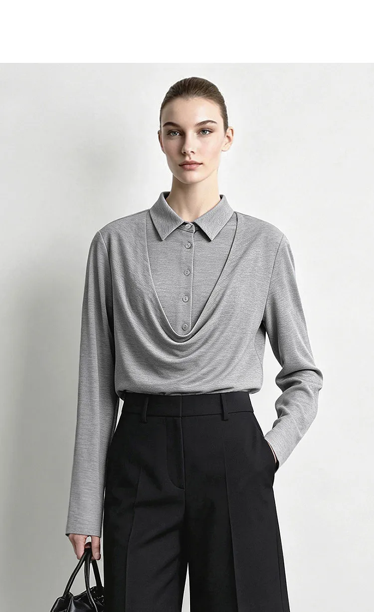 Amii Women's Faux Layered Long Sleeve T-Shirt Stretch Lapel Collar Slim Fit Casual Business Top for Women Autumn 12613016