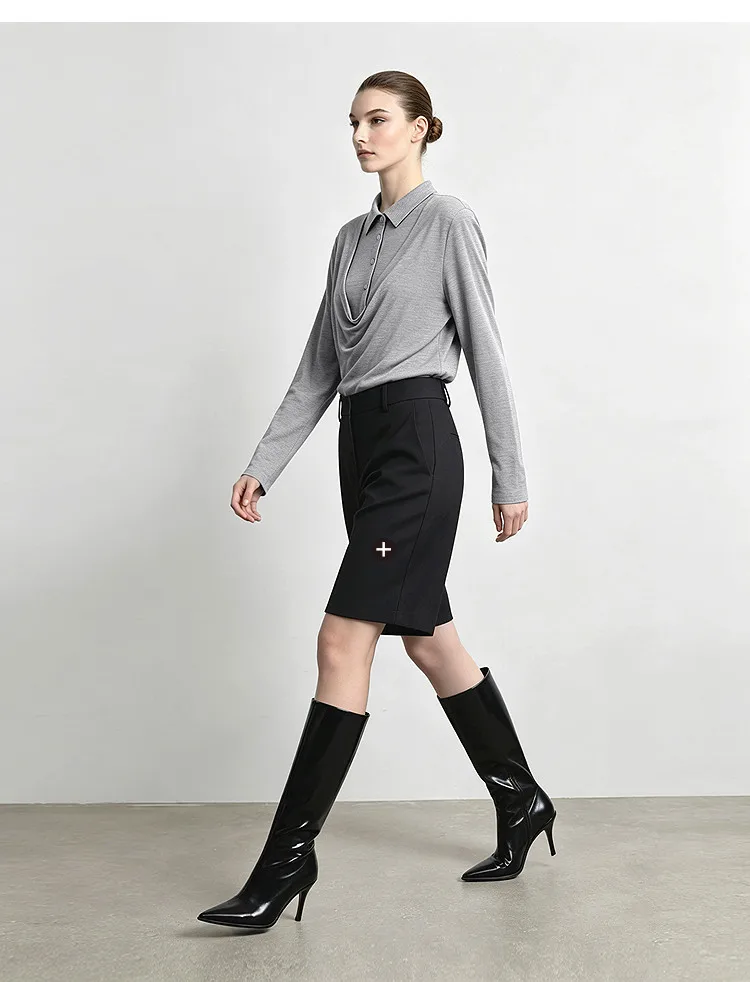Amii Women's Faux Layered Long Sleeve T-Shirt Stretch Lapel Collar Slim Fit Casual Business Top for Women Autumn 12613016