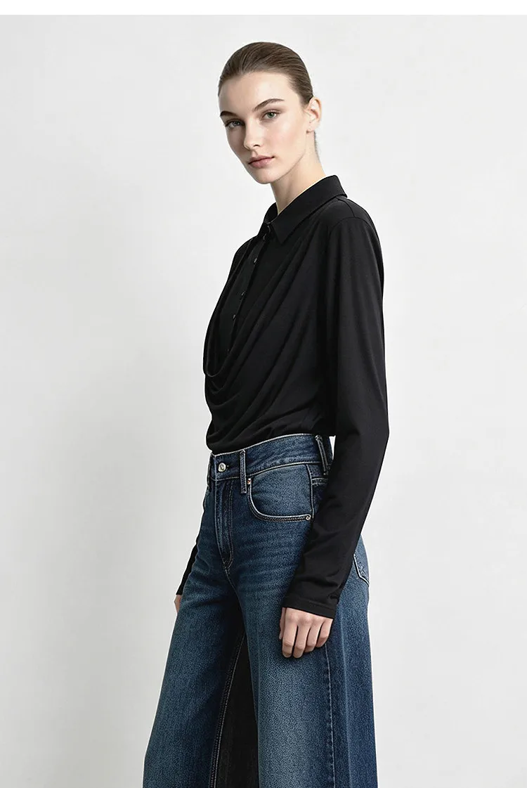 Amii Women's Faux Layered Long Sleeve T-Shirt Stretch Lapel Collar Slim Fit Casual Business Top for Women Autumn 12613016