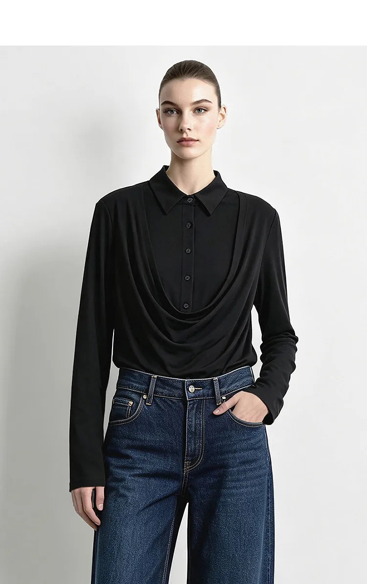 Amii Women's Faux Layered Long Sleeve T-Shirt Stretch Lapel Collar Slim Fit Casual Business Top for Women Autumn 12613016