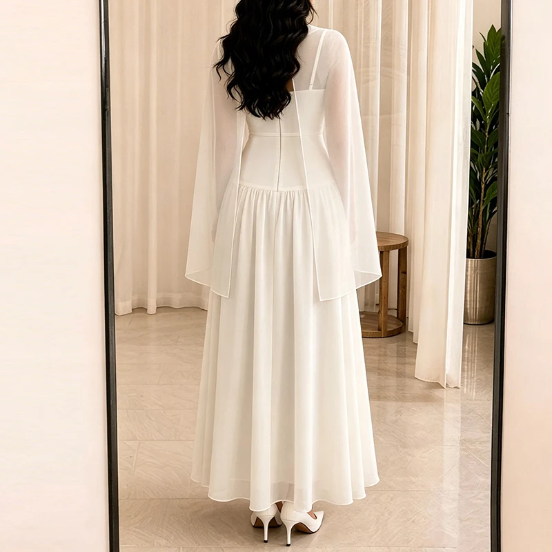Summer New Women's Vacation Maxi Dresses Temperament Sleeveless Shawl Collar Chiffon Dress Elegant Solid Color High Waist Dress