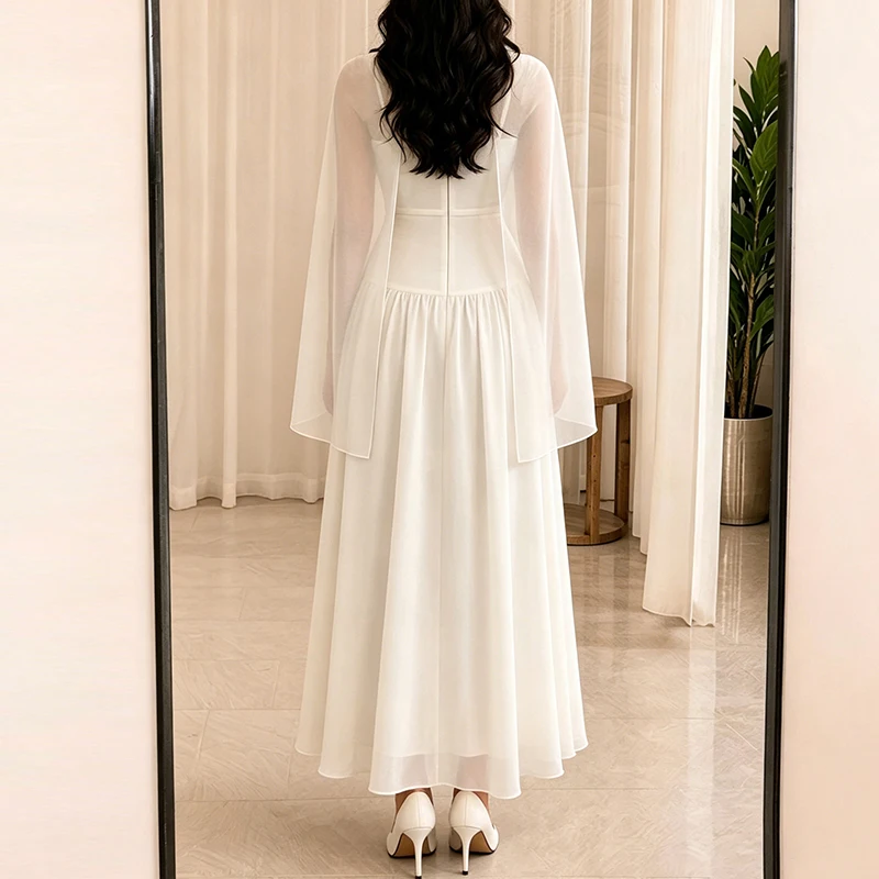 Summer New Women's Vacation Maxi Dresses Temperament Sleeveless Shawl Collar Chiffon Dress Elegant Solid Color High Waist Dress