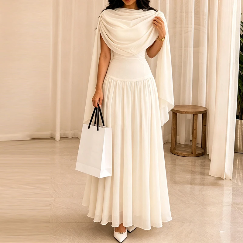 Summer New Women's Vacation Maxi Dresses Temperament Sleeveless Shawl Collar Chiffon Dress Elegant Solid Color High Waist Dress