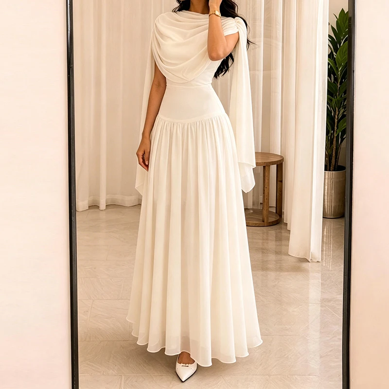 Summer New Women's Vacation Maxi Dresses Temperament Sleeveless Shawl Collar Chiffon Dress Elegant Solid Color High Waist Dress