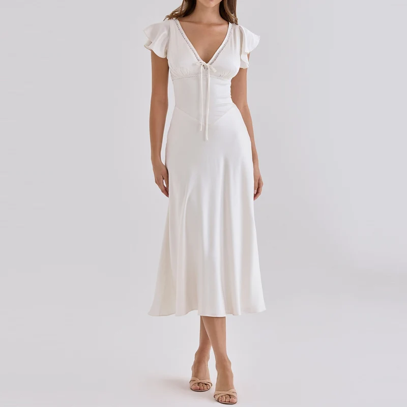 Women White Solid Midi Dress New V‑Neck Ruffle Short Sleeve Front Bow Tie A‑Line Flowy Dress Elegant Wedding Guest Party Dresses