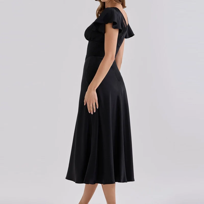 Women White Solid Midi Dress New V‑Neck Ruffle Short Sleeve Front Bow Tie A‑Line Flowy Dress Elegant Wedding Guest Party Dresses