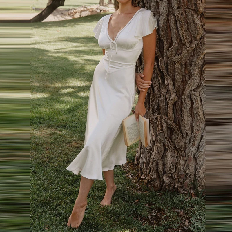Women White Solid Midi Dress New V‑Neck Ruffle Short Sleeve Front Bow Tie A‑Line Flowy Dress Elegant Wedding Guest Party Dresses