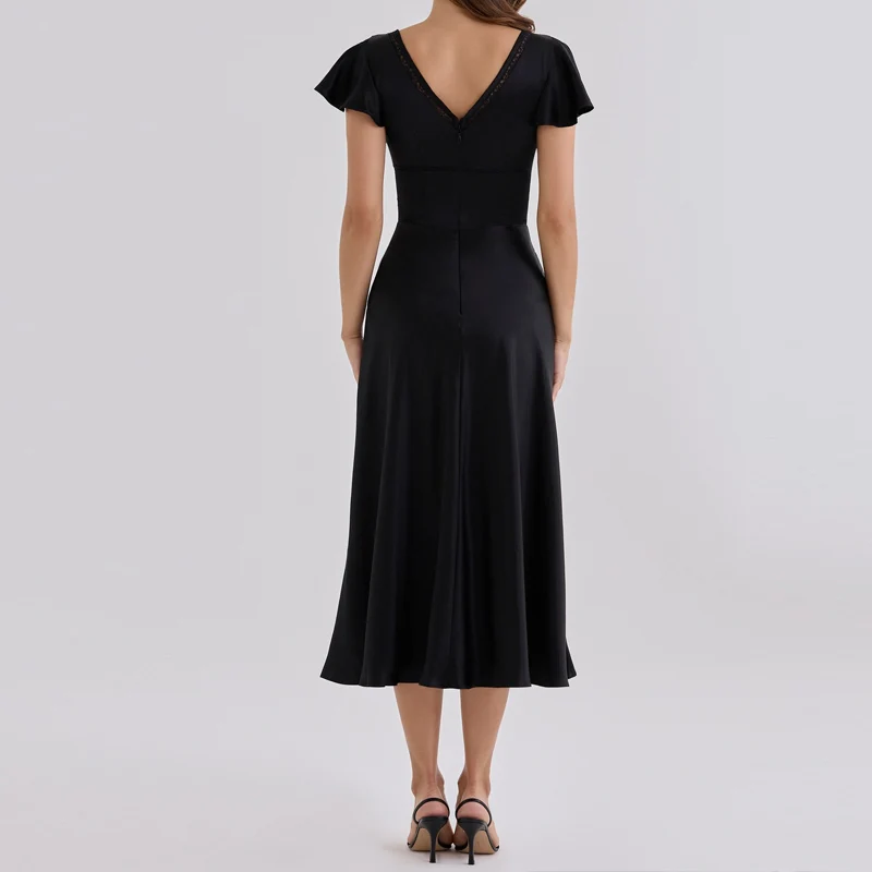 Women White Solid Midi Dress New V‑Neck Ruffle Short Sleeve Front Bow Tie A‑Line Flowy Dress Elegant Wedding Guest Party Dresses
