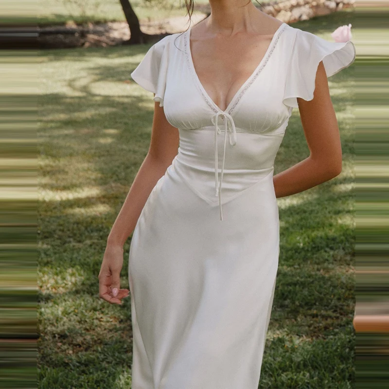 Women White Solid Midi Dress New V‑Neck Ruffle Short Sleeve Front Bow Tie A‑Line Flowy Dress Elegant Wedding Guest Party Dresses