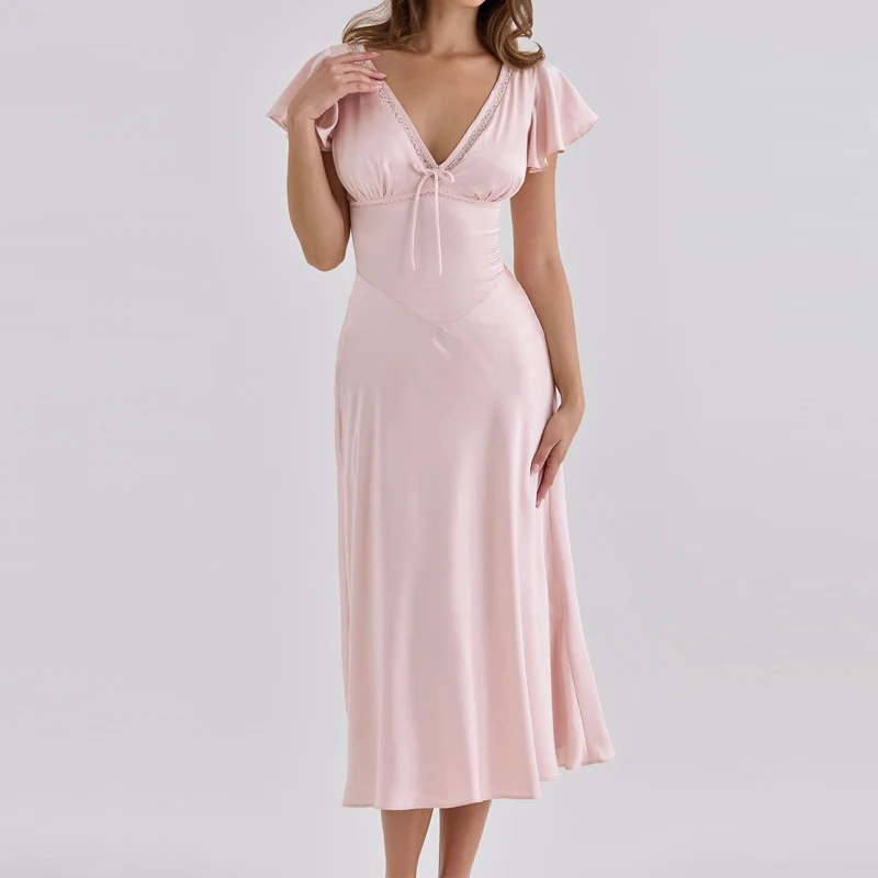 Women White Solid Midi Dress New V‑Neck Ruffle Short Sleeve Front Bow Tie A‑Line Flowy Dress Elegant Wedding Guest Party Dresses