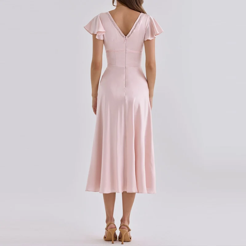 Women White Solid Midi Dress New V‑Neck Ruffle Short Sleeve Front Bow Tie A‑Line Flowy Dress Elegant Wedding Guest Party Dresses