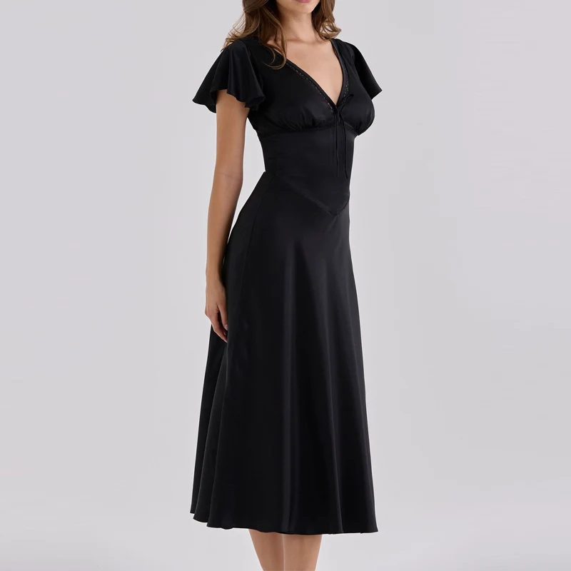 Women White Solid Midi Dress New V‑Neck Ruffle Short Sleeve Front Bow Tie A‑Line Flowy Dress Elegant Wedding Guest Party Dresses