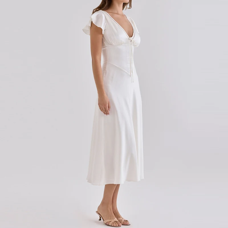 Women White Solid Midi Dress New V‑Neck Ruffle Short Sleeve Front Bow Tie A‑Line Flowy Dress Elegant Wedding Guest Party Dresses