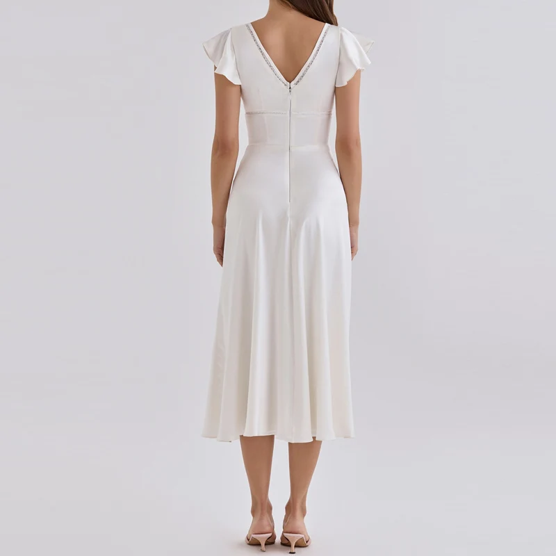 Women White Solid Midi Dress New V‑Neck Ruffle Short Sleeve Front Bow Tie A‑Line Flowy Dress Elegant Wedding Guest Party Dresses